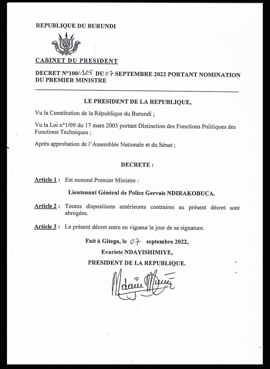 #Burundi Décret N• 100/105 du 07 septembre 2022 portant Nomination du Premier Ministre.