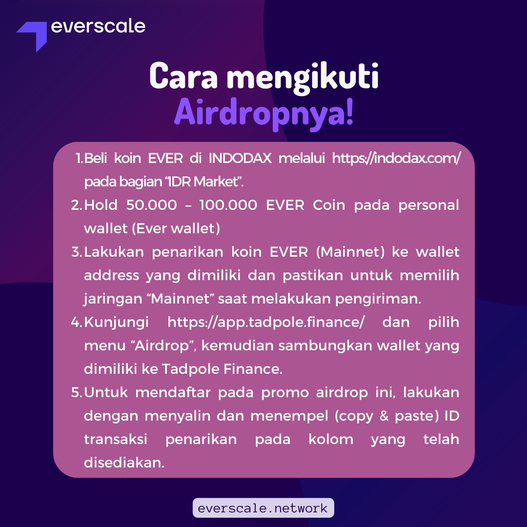 everscaleID's tweet photo. 𝐁𝐔𝐘 &amp; 𝐇𝐎𝐋𝐃 EVER

Dapatkan Total airdrop senilai 𝟏𝟎.𝟎𝟎𝟎 𝐔𝐒𝐃𝐓 (atau ≥ 𝐑𝐩𝟏𝟎𝟎.𝟎𝟎𝟎.𝟎𝟎𝟎)!

Syarat dan ketentuan serta informasi lebih lengkap kunjungi web Indodax:
https://t.co/5vBlh0x7rU

 #everscale #evercoin #buyandhold #airdropyou30000ever https://t.co/vTO3yopQhT