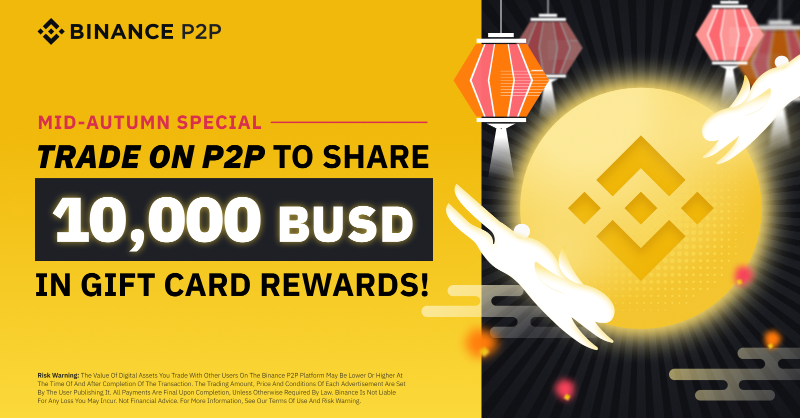 binance's tweet photo. Celebrate Mid-Autumn Festival and trade on #Binance P2P for an opportunity to share 10,000 #BUSD in gift card vouchers!