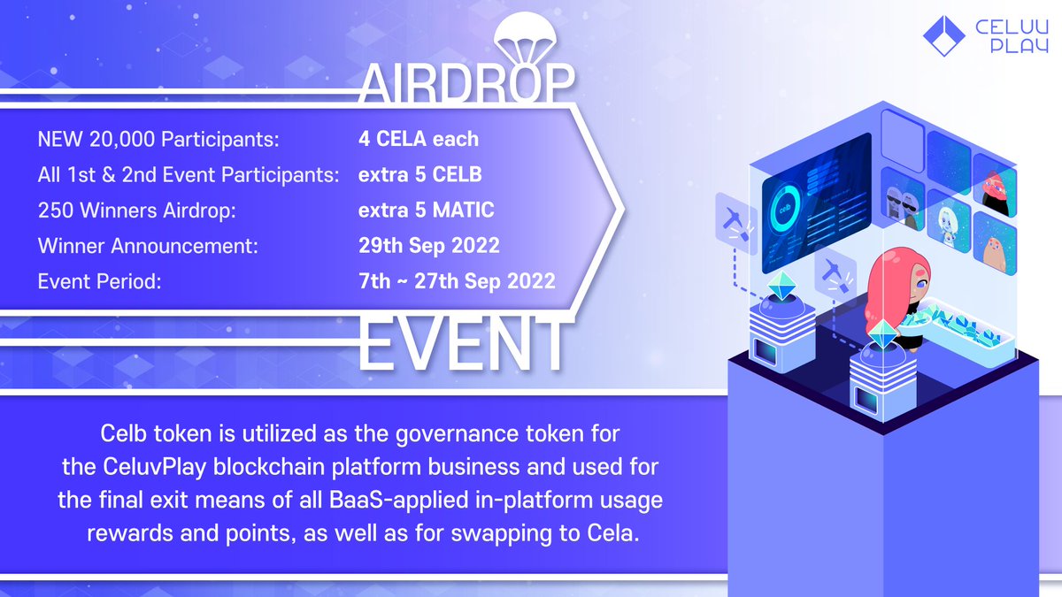 🎉CELUVPLAY Thank You EVENT 🎉

⏳ EVENT End : 27th Sep 2022 23:59 PM (UTC+0)
💌 New Participants Airdrop : 4 CELA x 20,000
💌 1st &amp; 2nd Event Participants : 5 CELB x ALL
💌 Winners Airdrop : 5 MATIC x 250
🙌Winner announcement : 29th Sep 2022
Event Link🔽
gleam.io/maDoZ/-celuvpl…
