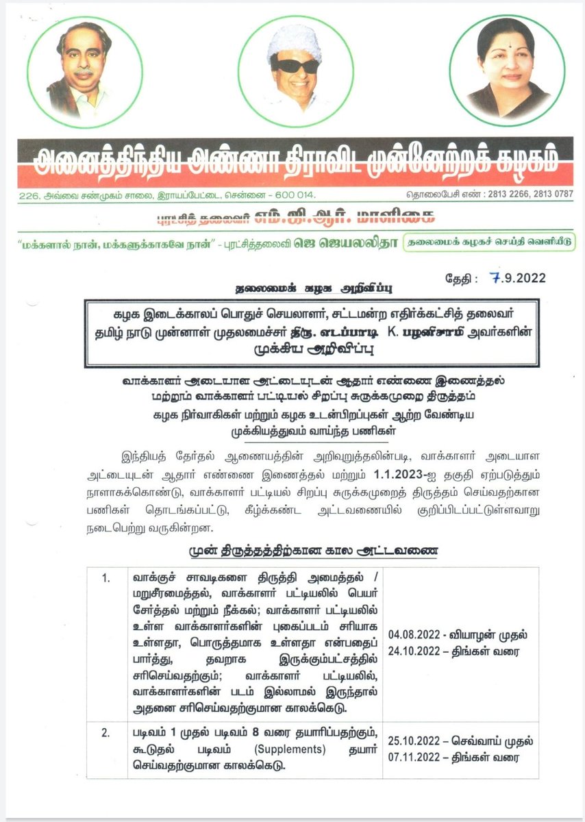 AIADMKOfficial's tweet photo. "வாக்காளர் அடையாள அட்டையுடன் ஆதார் எண்ணை இணைத்தல் மற்றும் வாக்காளர் பட்டியல் சிறப்பு சுருக்கமுறை திருத்தம்."

கழக நிர்வாகிகள் மற்றும் உடன்பிறப்புகள் ஆற்ற வேண்டிய பணிகள் குறித்து மாண்புமிகு கழக இடைக்காலப் பொதுச் செயலாளர் திரு. @EPSTamilNadu அவர்களின் அறிவிப்பு. https://t.co/DQGrHBRqiv