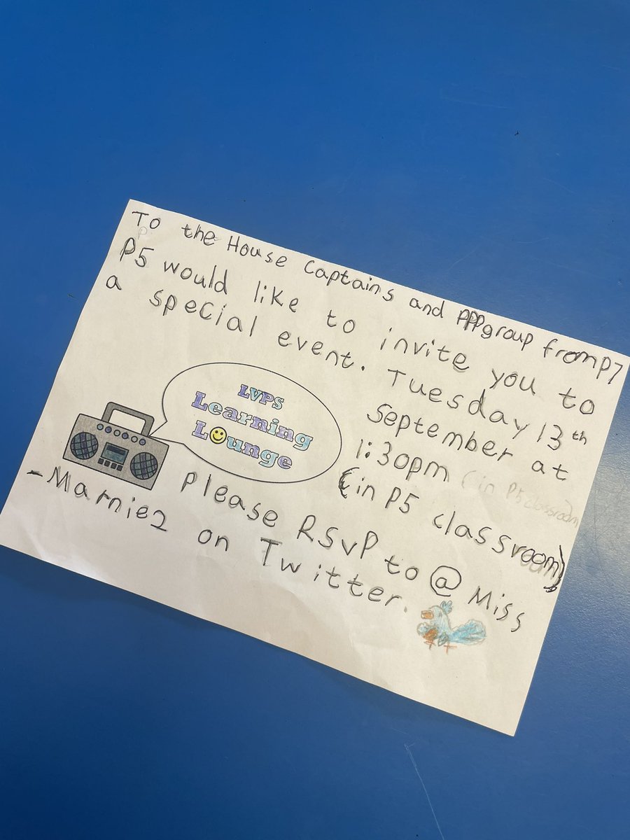 Mrs_T_101's tweet photo. A mysterious invite has arrived for some of the P7 leaders…what could it be for? 👀 Thank you @MissMarnie2 and P5, our leaders cannot wait to attend your very special event on Tuesday! #Mysterious #exciting #LVPSLearningLounge 🤔 https://t.co/TW7EwFEoPg