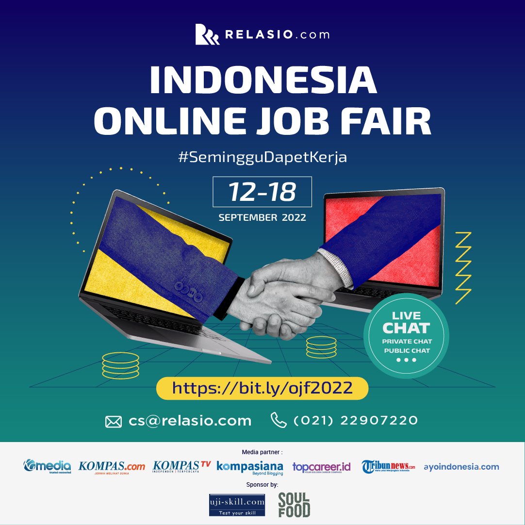 Relasiocom's tweet photo. Nantikan Online Job Fair 5 Hari lagi ! 

Siapkan cv kalian untuk temukan pekerjaan yang kalian inginkan!
Daftar Sekarang : https://t.co/MGO5tFYfKh atau kalian bisa hubungi kami di : 
Email : cs@relasio.com
IG : @relasio.com
☎️ : 021 22907220
web   : https://t.co/BOPIqeb8yj https://t.co/5qyN0p7F3y