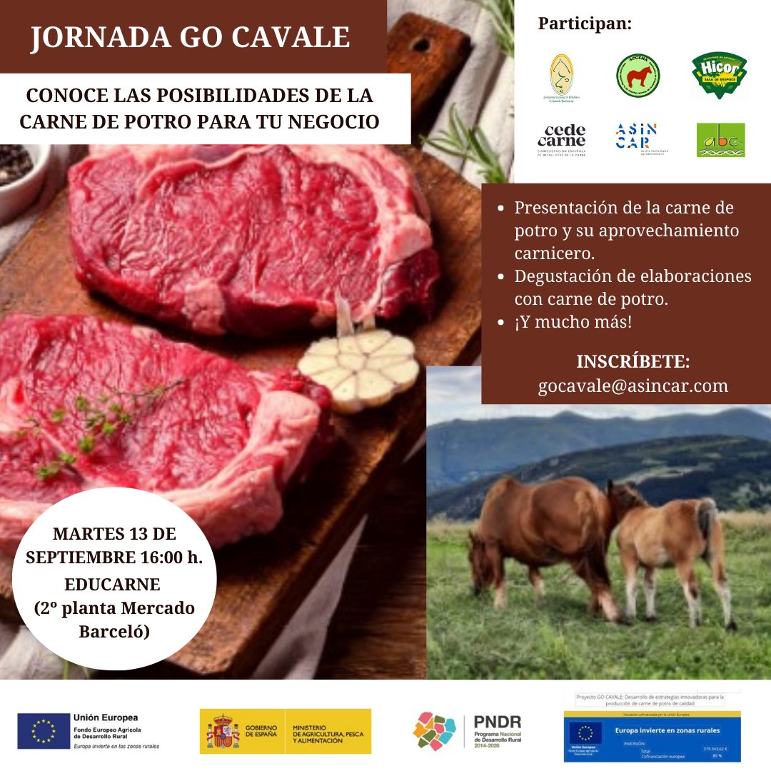 Carnimad's tweet photo. 📢Como integrantes de #Cedecarne, te invitamos a la JORNADA GO CAVALE, donde trataremos las posibilidades que la carne de potro ofrece👏 
🍽️Además se llevará a cabo una degustación de elaborados a base de esta carne. 
👉Inscríbete ya escribiendo a gocavale@asincar.com https://t.co/u3VZQPN9qD