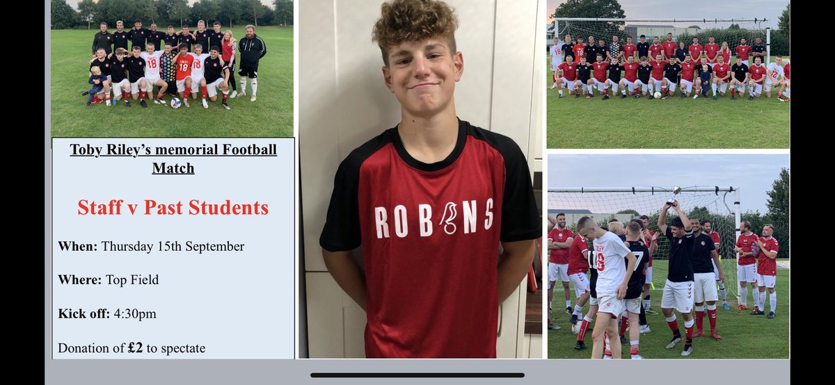 MASport_PE's tweet photo. Thursday 15th September 
Toby Riley’s Memorial Football Match 
Staff v Past Students 
£2 donation 
Would be great to see lots of support. 
Last year the past students won 🏆 
Who will be crowned champions this year? 
#2ndyear #annualevent #Toby #alwaysgoodtotalk https://t.co/BiswXuo7qr