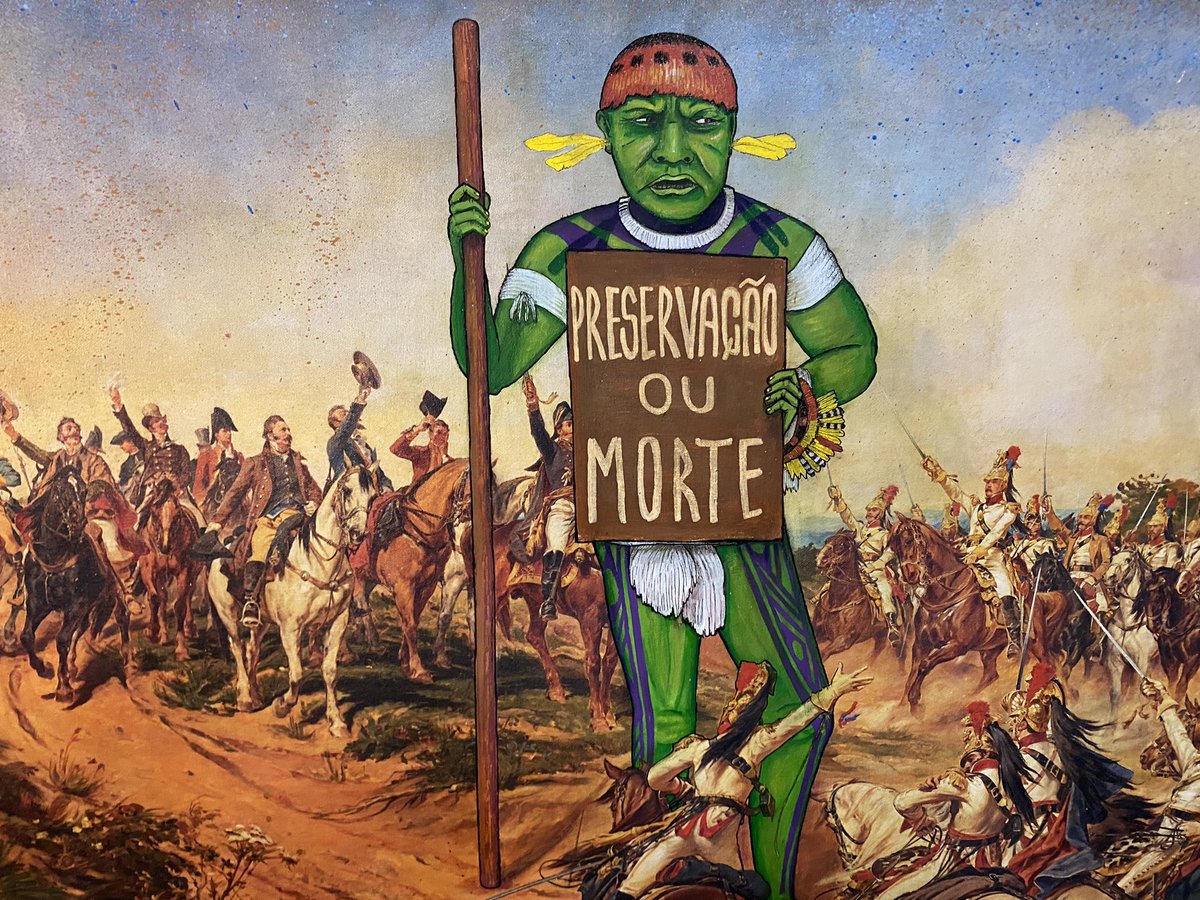 “Preservação ou Morte” é a releitura que fiz do quadro “o grito do Ipiranga” . Incluindo os indígenas não representados na obra do tamanho da importância deles .