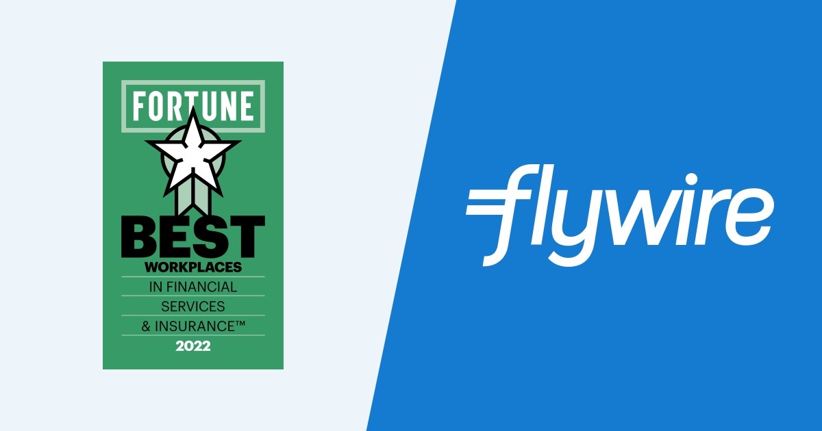 We’re honored to be #30 on the <a href="/GPTW_US/">Great Place To Work</a> <a href="/FortuneMagazine/">FORTUNE</a> Best Workplaces in Financial Services &amp; Insurance™ 2022! 

This isn't possible without our amazing team of FlyMates! Time to celebrate 🎉  bit.ly/3D7YN3Q #BestWorkplaces #GPTWcertified #InsideFlywire