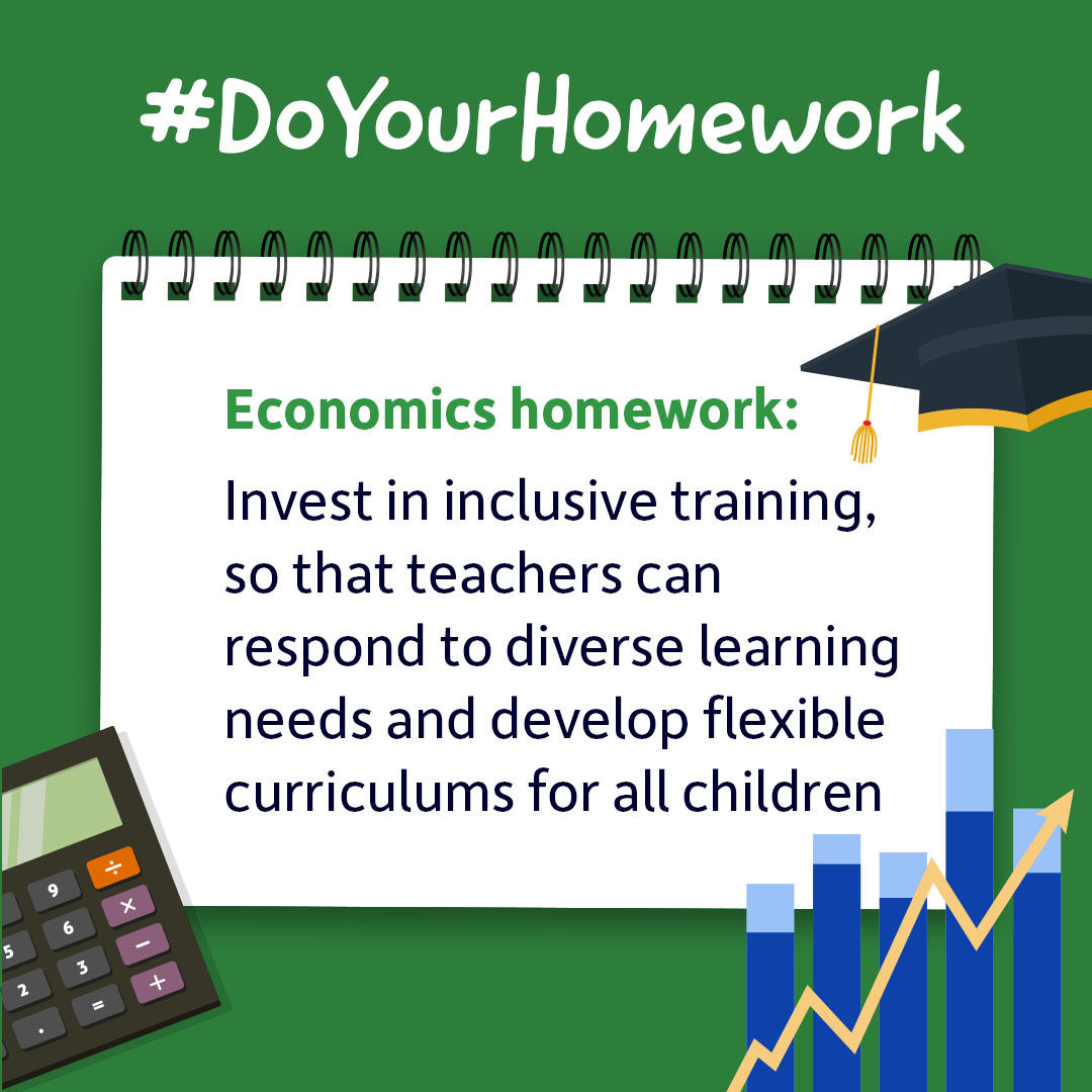 Sightsavers's tweet photo. Calling all global leaders! 📢 We’re setting you economics homework today: 
 
✅ Invest in inclusive training, so that teachers can respond to diverse learning needs and develop flexible curriculums for all children. 

 #DoYourHomework and start #TransformingEducation. #SDG4 https://t.co/8CUMRhZT7O