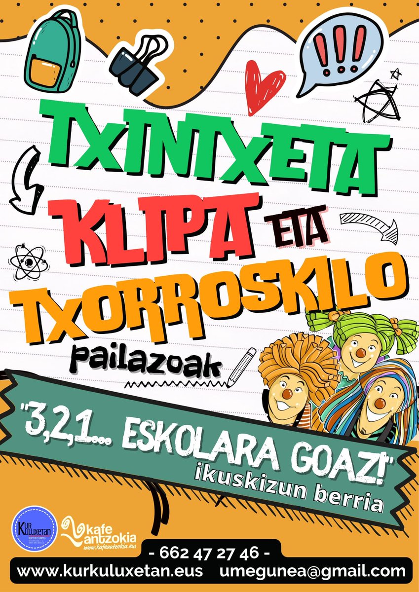 Txintxeta, Klipa eta Txorroskilo  ikuskizun berria🎉!
Bilboko pailazo 🤡🤡🤡ospetsu eta maitatuek haien haurtzaro egunak gogoratuko dituzte: jolastu🤸, dantzatu 🕺🕺🕺eta abestera🎤gonbidatuko gaituzte, baina kontuz ibili, bihurrikeriak baitira beren talenturik handiena.
