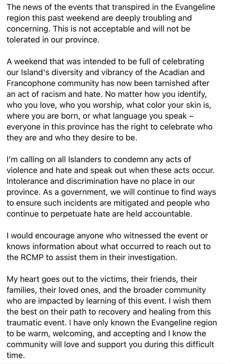 A Statement from Premier King on the events that occurred in the Evangeline region over the weekend: