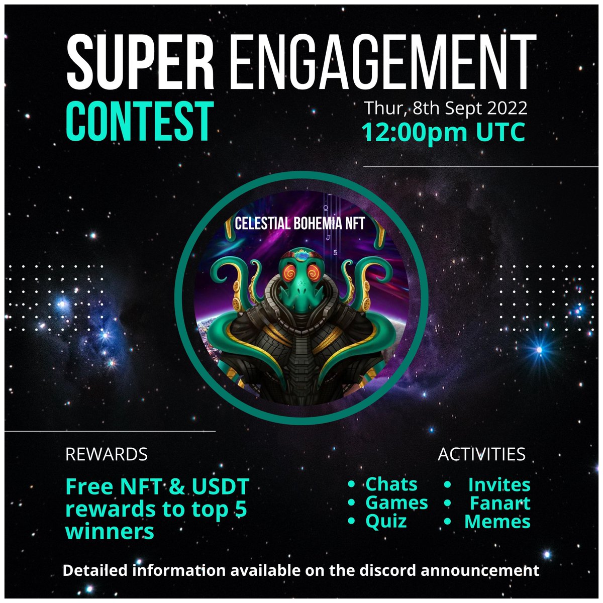 Celest_Boh's tweet photo. 🔥SUPER ENGAGEMENT CONTEST🔥

 It's finally here guys!!
The super engagement contest which brings you so much fun, activities and rewards 🎉🎉

⏰ Thur 8th Sept, 12 noon UTC

🧾 For details on activities and rewards pls check on discord
https://t.co/KHBiIghRR2

#NFT #NFTCommunity https://t.co/5dpZ0RZrCf