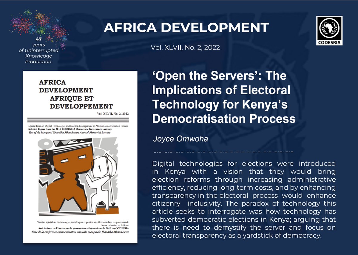 CODESRIA's tweet photo. In this article, Joyce Omwoha reflects of the 2017 General Elections in Kenya and questions the role of technology as the gadget of hope for free and fair elections. 

Read the article here - https://t.co/6Cm3Pid00l https://t.co/4Pcjem2lOG