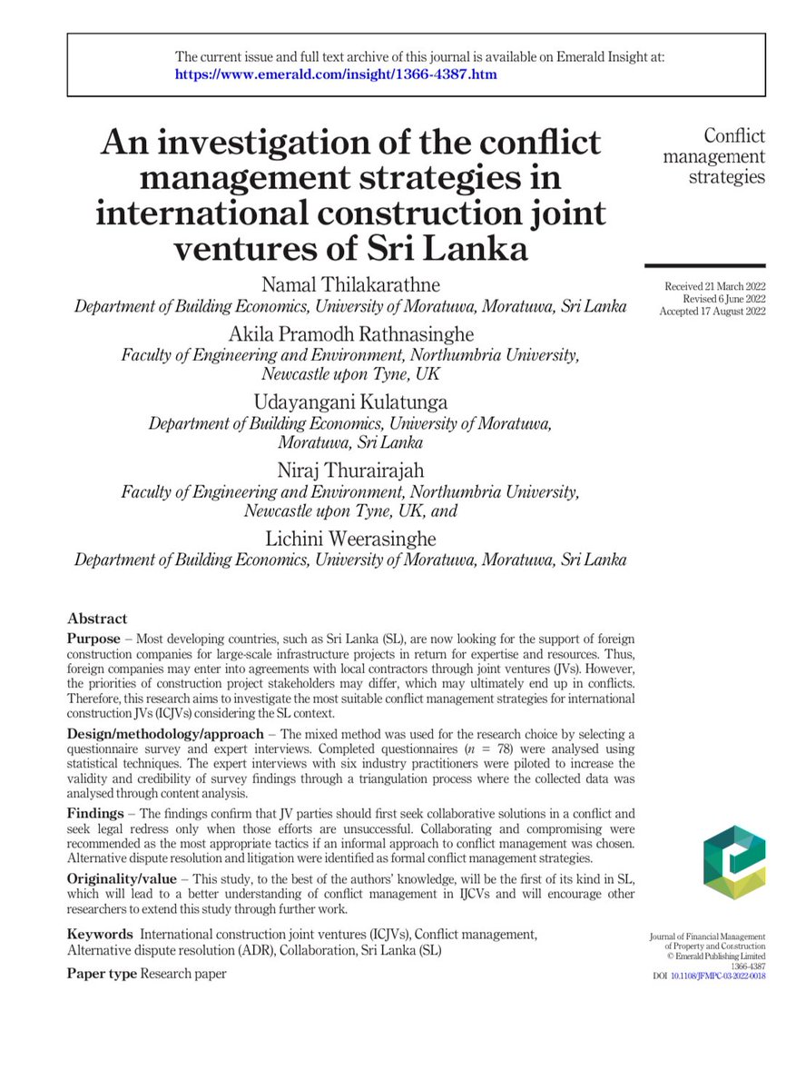 New Publication 🚨 Sri Lanka 🇱🇰 is currently undergoing through economic crisis, persuading local business entities to form partnerships with international entities in exchange for expertise and funding. This applies to the construction sector without any difference.