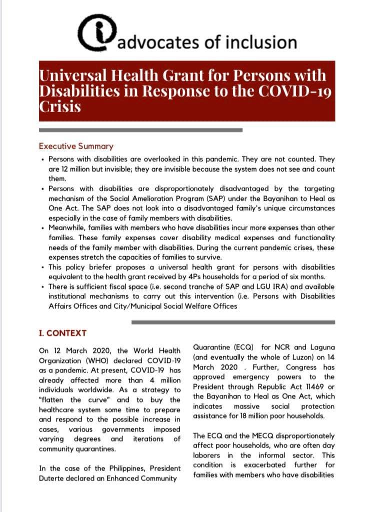 InclusionPH's tweet photo. Through a ✨Universal Health Grant���, the government can better support families of persons with disabilities amid the effects of the COVID-19 pandemic. #LahatKasali

📖 Read our policy paper: https://t.co/l1yxSnPtfc https://t.co/1OgZIqBeGm
