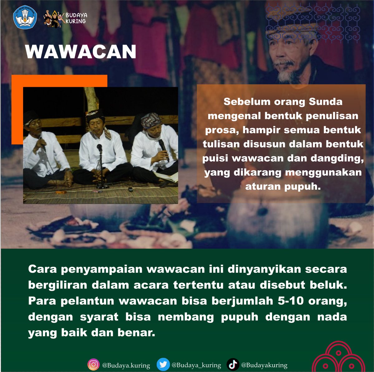 budaya_kuring's tweet photo. Sampurasun Baraya 😊🙌

Yuu kenali kembali salah satu kesusastraan Sunda yang diperkirakan mulai hadir sekitar pertengahan abad ke-17 ini.

Wawacan, sebuah cerita panjang berbentuk dangding yang menggunakan aturan pupuh.

Simak sedikit penjelasan kangmin pada gambar ya 😊😊 https://t.co/jq6yedG1Sz