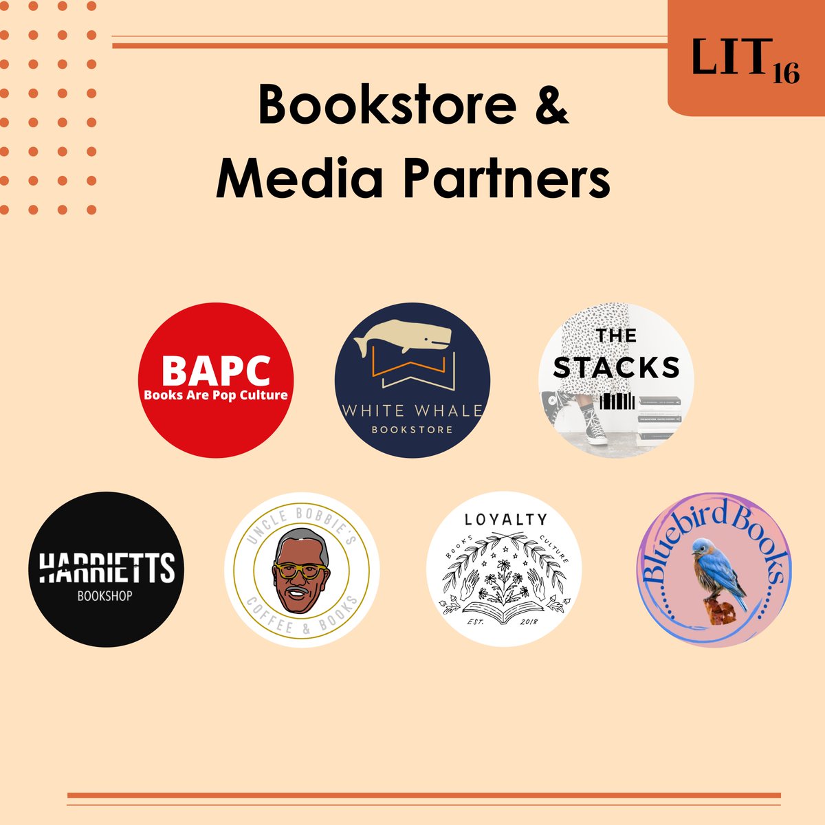 We're collaborating with booksellers and Bookstagrammers to host readings and conversations, and sell #LIT16 books! We're excited to partner with @bookspopculture @BooksAtBluebird @harriettsbooks @Loyaltybooks @thestackworld @UncleBobbies and @whitewhalebks !