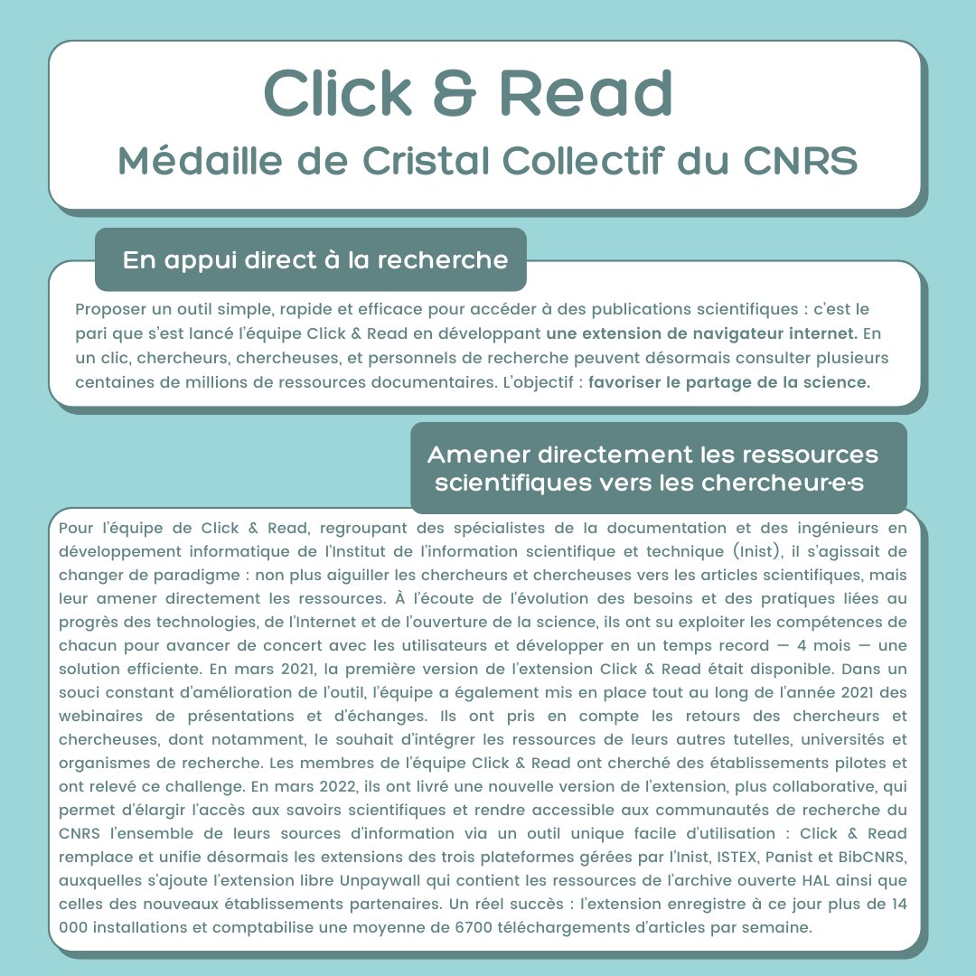 #TalentsCNRS | Félicitations l'équipe Click &amp; Read <a href="/INIST_CNRS/">CNRS Inist</a>, lauréate de la Médaille de Cristal Collectif 2022 du CNRS en Center-Est !👏🥳

Découvrez le portrait de l'équipe ici 👉cnrs.fr/fr/personne/cl…