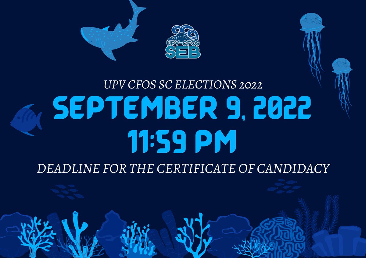 UPVCFOS_SEB's tweet image. CFOS SC Elections 2022 
Deadline for Filing of Certificate of Candidacies
➡️ September 9, 2022 ⬅️

Read more: bit.ly/3REANcL