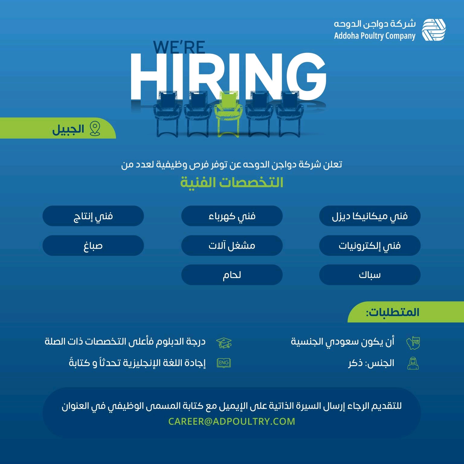 تعلن شركة #دواجن_الدوحه عن وظائف فنية شاغرة فى #الجبيل 

▪︎فنى ميكانيكا ديزل
▪︎فنى كهرباء 
▪︎فنى إنتاج 
▪︎فنى الكترونيات 
▪︎مشغل آلات
▪︎صباغ
▪︎سباك
▪︎لحام

#وظائف_الجبيل #الجبيل_الصناعية