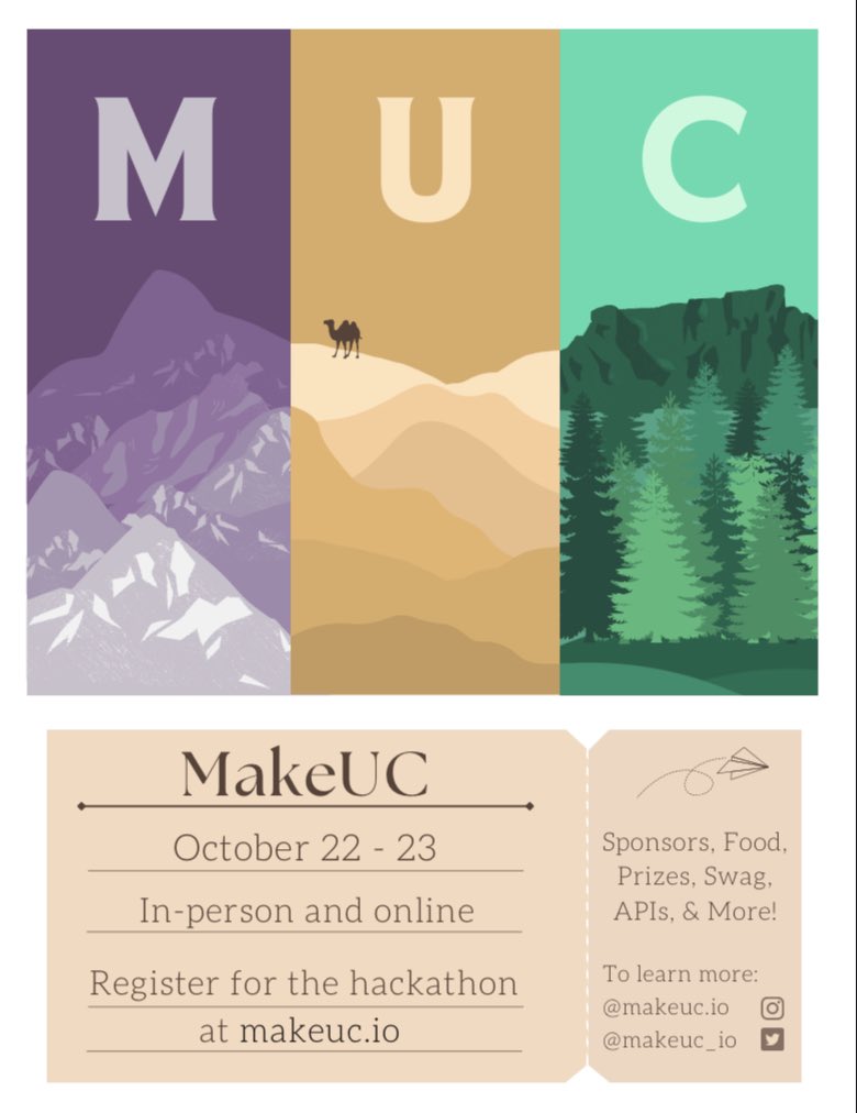 Registration is still open for MakeUC! Join us to learn new skills, gain access to free APIs/ software/ hardware, compete for thousands of dollars in prizes, and network with our awesome sponsors and your fellow hackers. We can't wait to meet you in person or online! #hackathon