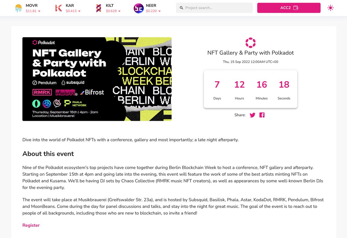 DotMarketCap's tweet photo. #DMCEvents
#Polkadot ecosystem's top projects have come together during Berlin #Blockchain Week to host a conference, #NFT gallery & afterparty.
Come during the day for panel discussions & talks, and stay into the night for great music.
More info: https://t.co/mIWIuFNnGO https://t.co/GXzXYrNfEh