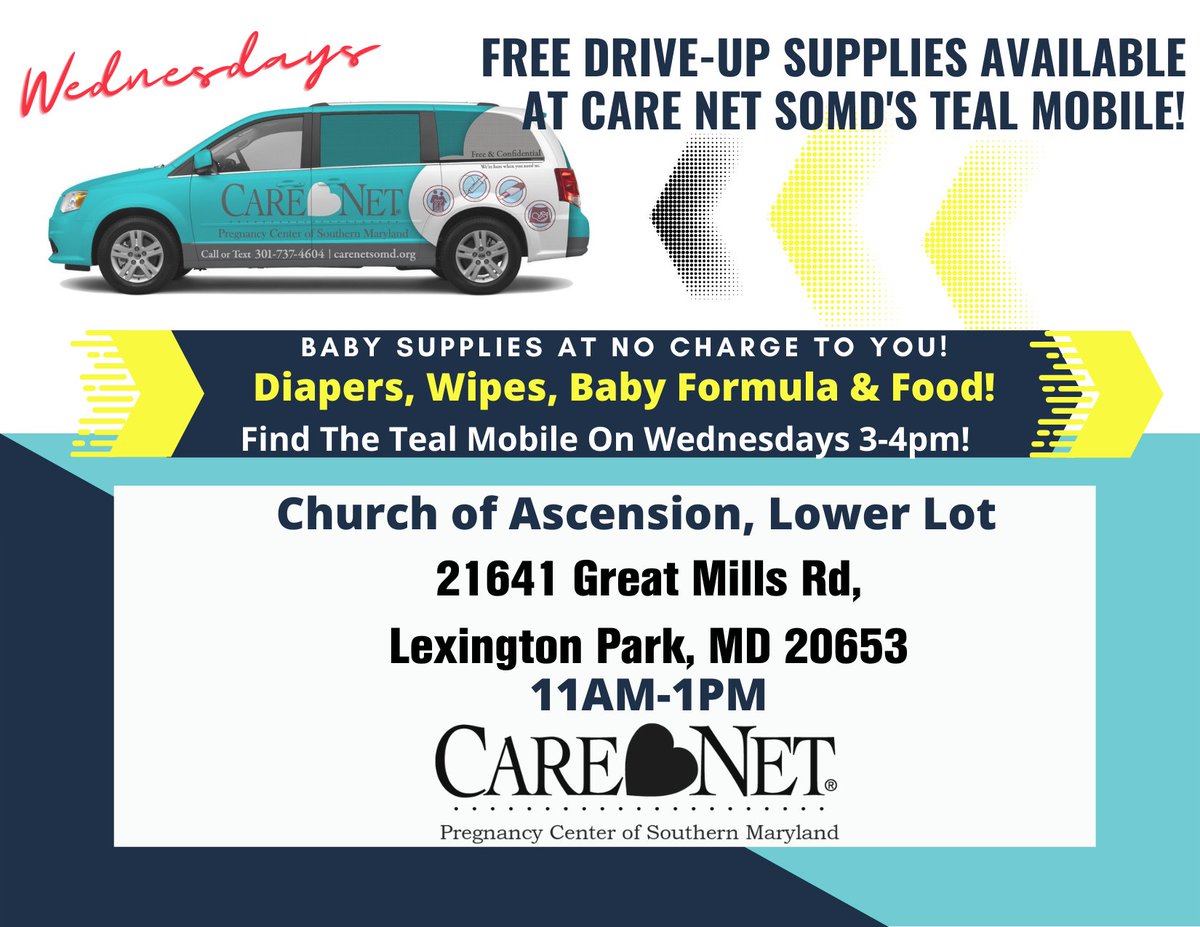 CareNetSOMD's tweet photo. Find the #TealMobile TODAY at The Church Of Ascension in Lexington Park from 3-4 pm.

Come get diapers, wipes, baby food and formula all at no charge to you!

#ThisIsCareNetSoMD #WeAreHereForYou #ThisISWhatWeDo #YouAreWhyWeDoIt #YouAreNotAlone https://t.co/bKTN4YKDCW