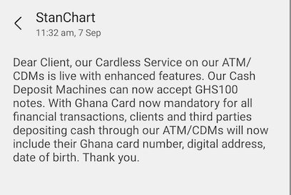 EdemMorny's tweet photo. So i have an ATM card wt a PIN that only I know. I'm depositing money via an ATM, and i'm supposed to add my Ghana Card, GPS address, &amp; Date of Birth. Is this really from BOG, or @StanChartGH is just being lazy? Isn't the card &amp; PIN enough to identify who is making the deposit? https://t.co/uakFsLCnZD