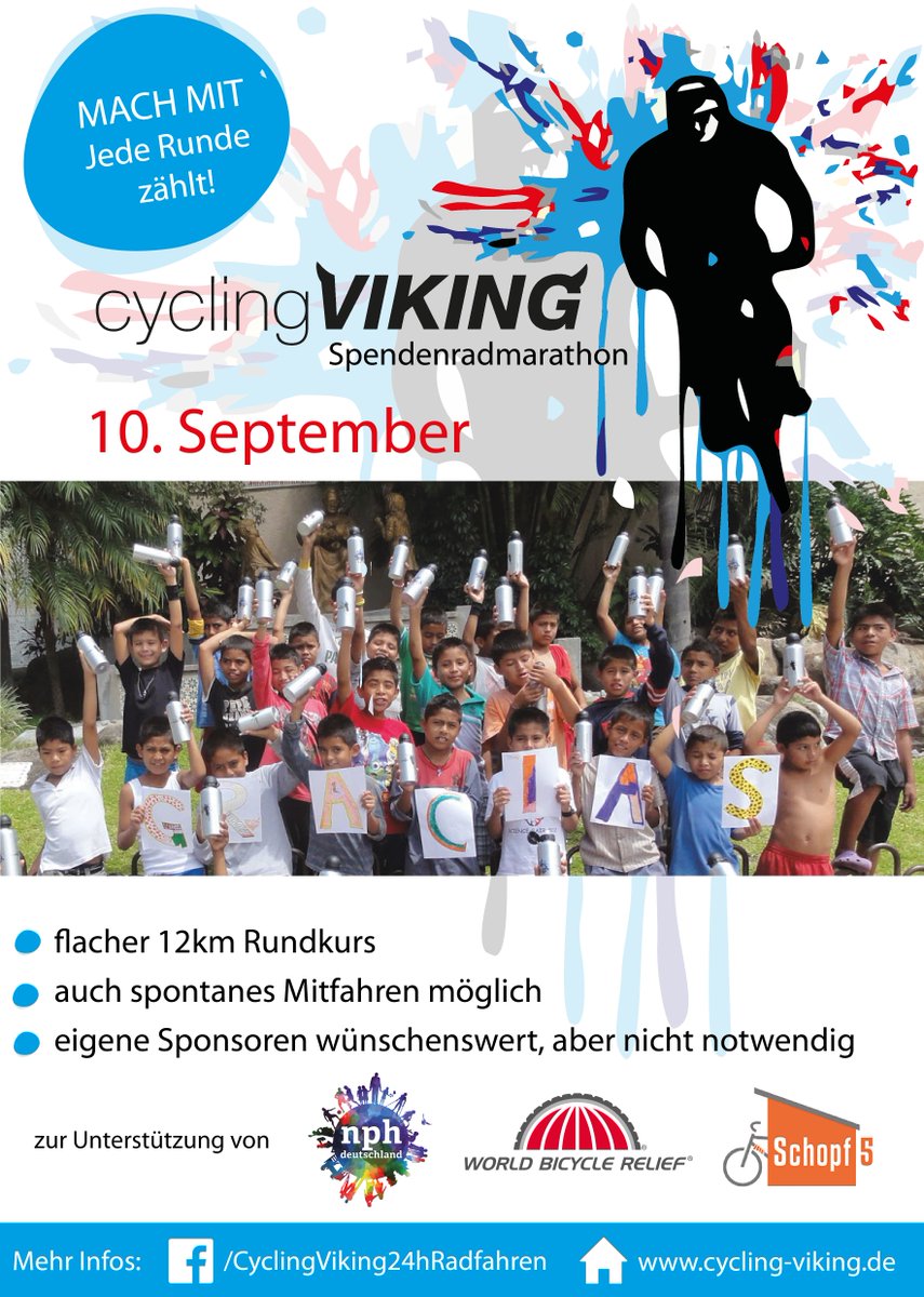nphkinderhilfe's tweet photo. Radsportfans aufgepasst: am 10.09. läuft in Freiburg der Spendenmarathon Cycling Viking u.a. für die nph Kinderhilfe. http://https://t.co/PequHo2s1N #cyclingviking #fahrradfreiburg #freiburgimbreisgau #radfahrenschwarzwald #spendenmarathonfreiburg #nph https://t.co/M2FIEDHFGr