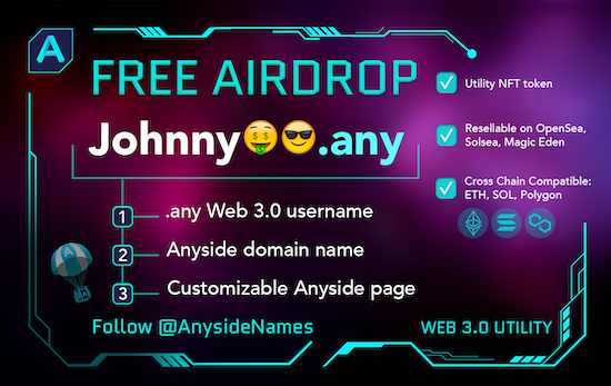 dosecrypto8's tweet photo. Hi just found this ⭐️ FREE AIRDROP ⭐️ 

Don't miss it: 

1️⃣ Follow 👉 @AnysideNames
2️⃣ Turn your Twitter notifications on 

Awesome features: 

✅ Crypto Name Service 
✅ Resellabe 
✅ Cross Chain 

#FreeNFTs @YSardinha69 @Pixelll_nft @currey_thomas
 @yeshelk @1977Mblack https://t.co/L0cFMBdeNd