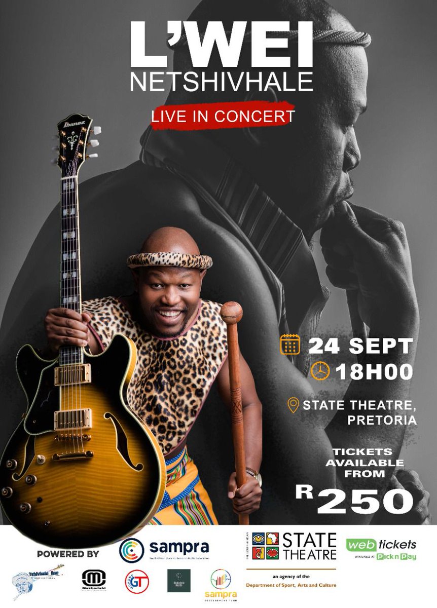 lweimusic's tweet photo. Save The Date: L'wei Netshivhale returns to Tshwane for a thrill of unique Jazz experience with Tshivenda Indigenous Music. #LweiLiveConcert #LweiMusic #Lwei
On Heritage Day 24 Sept: Get your tickets here: https://t.co/IZ0oxwcR1B https://t.co/8sw8tRkx22