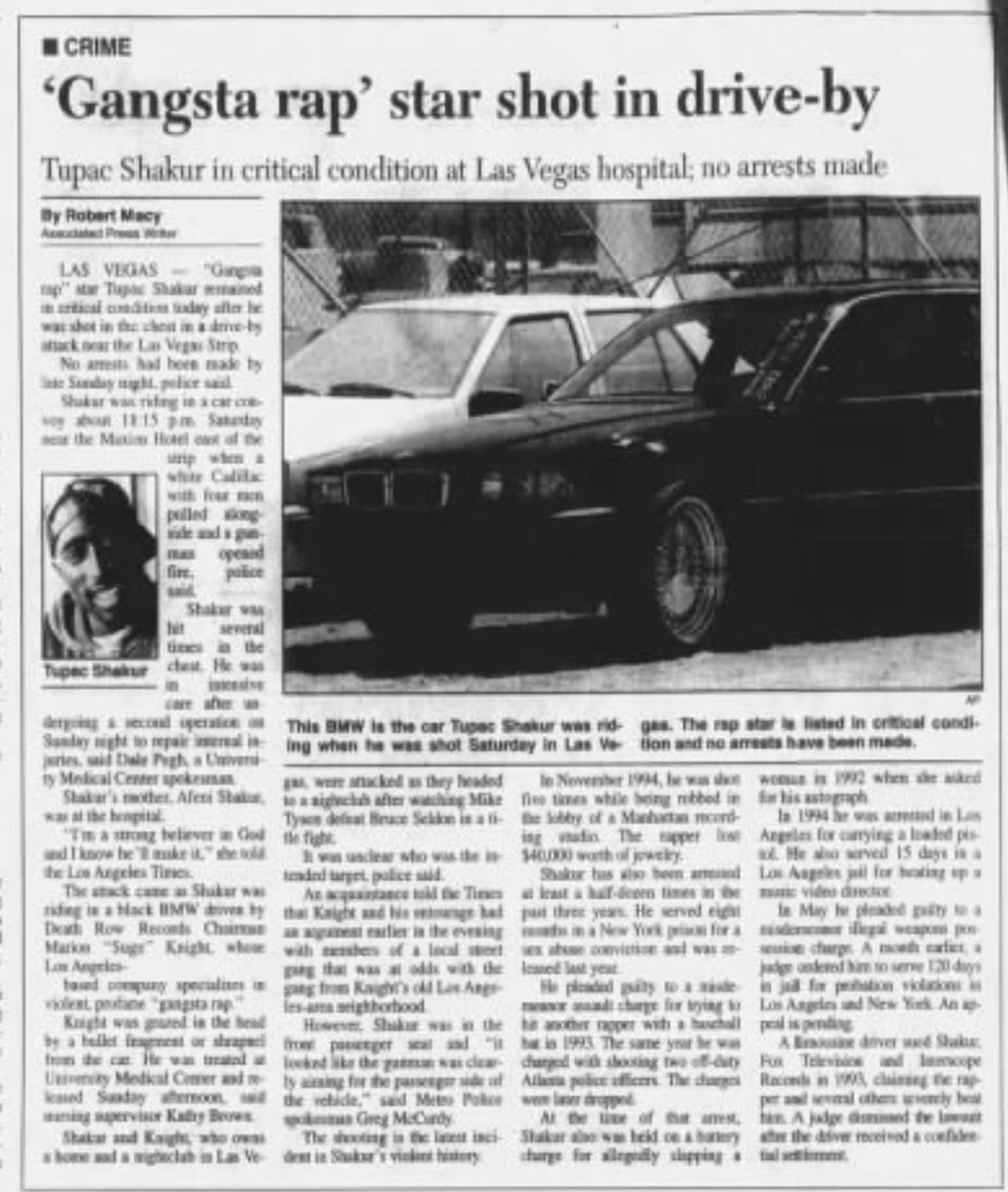 darrenrovell's tweet photo. This Day In 1996: After watching the Tyson-Seldon title fight, Tupac Shakur is shot in a drive-by traveling in Suge Knight’s car in Vegas.

Tupac, 25, dies later that week. https://t.co/YDWSgcYH5H