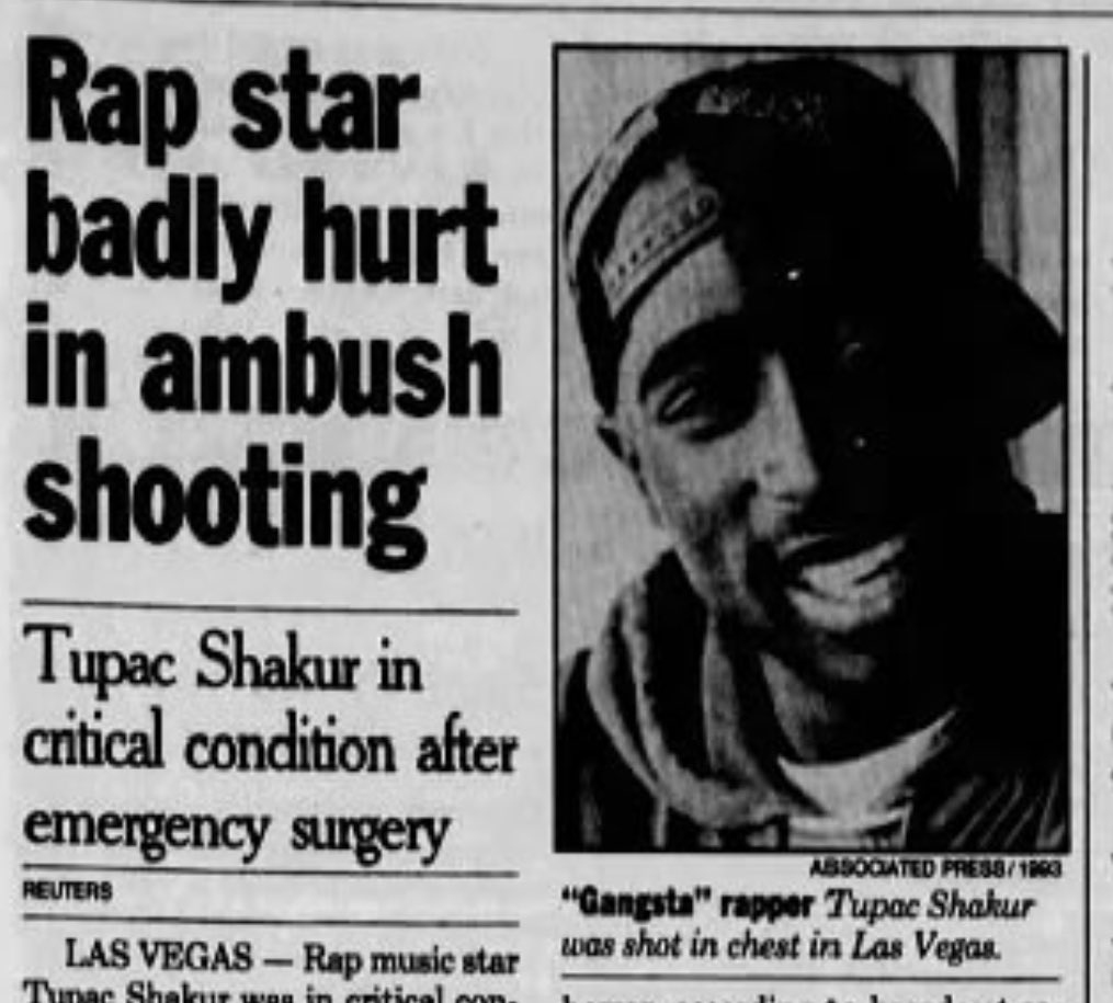 darrenrovell's tweet photo. This Day In 1996: After watching the Tyson-Seldon title fight, Tupac Shakur is shot in a drive-by traveling in Suge Knight’s car in Vegas.

Tupac, 25, dies later that week. https://t.co/YDWSgcYH5H