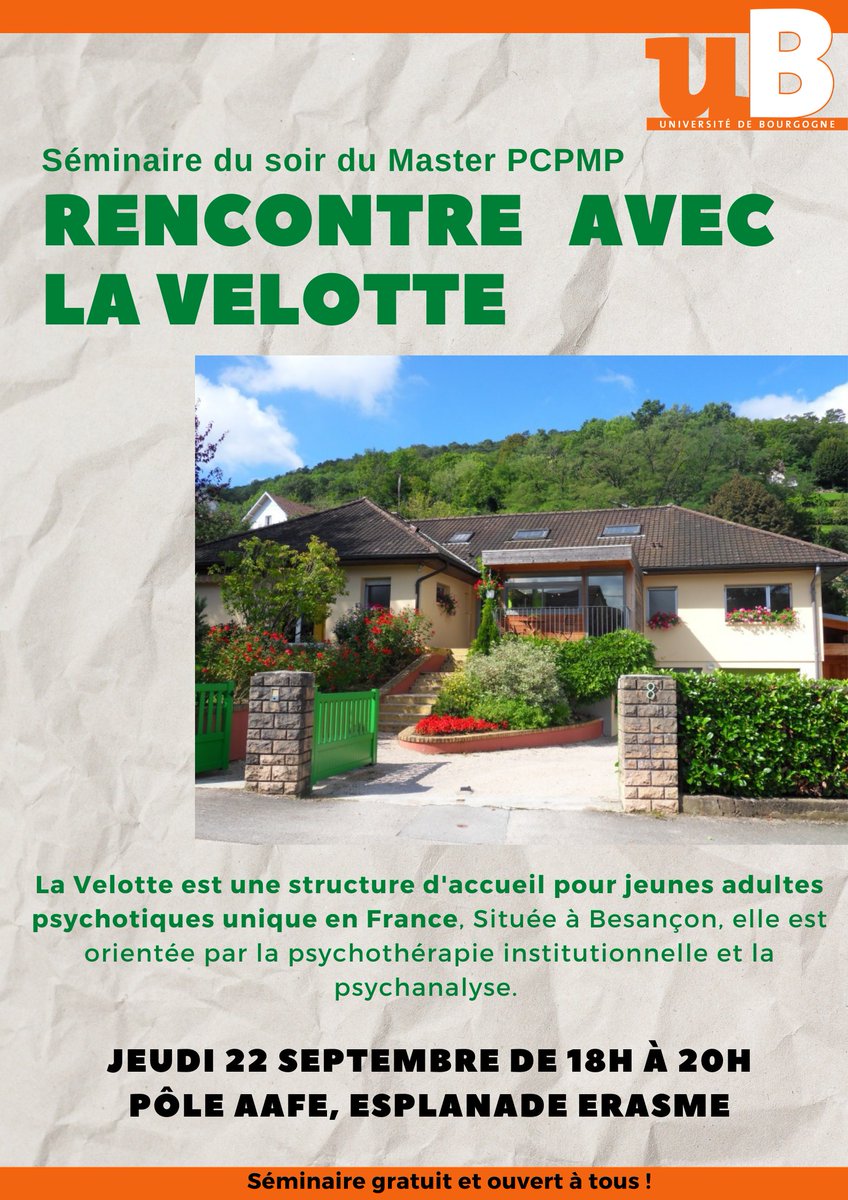 BaptisteLignier's tweet photo. Nous lançons une série de séminaires sur les cliniques institutionnelles pour 2022-2023. Pour le premier, le 22 septembre, nous invitons l'équipe de La Velotte ! C'est gratuit, c'est ouvert à tous, ce sera passionnant ! Faîtes circulez :) #clinique #instution #soins https://t.co/BUzEt9Ww7a