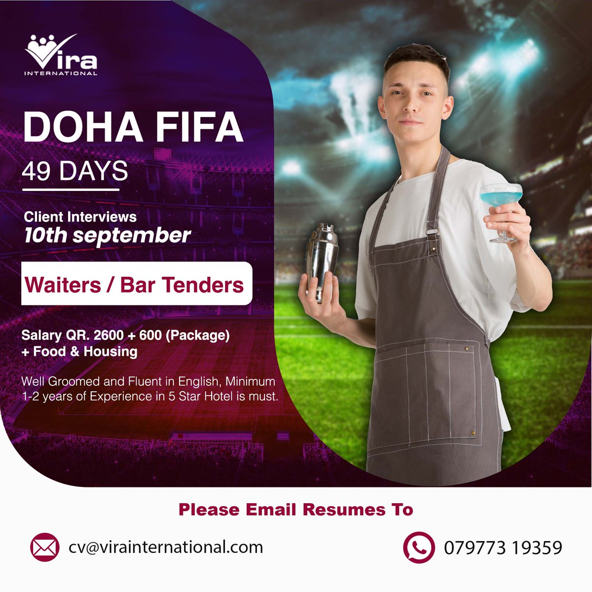 Vira_India's tweet photo. #Jobs #Recruitment #Jobsearch #Jobopportunity #Jobhunters #Jobvacancy #Openings #Jobalert #FreeRecruitment #NoServiceCharge #BarTender #Fifa2022 #Dohajobs #qatarjobseekers #qatarjobs https://t.co/RpepS8vStO