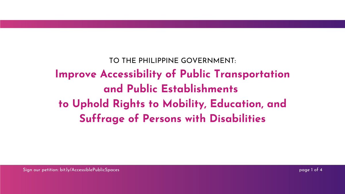 InclusionPH's tweet photo. Dear PH gov’t🇵🇭, improve accessibility of public transportation and public establishments! Uphold rights to mobility, education, and suffrage of Persons with Disability! 👩‍🦽

✍ Sign our petition: https://t.co/l8dhJnSrk6 

#DapatAllAccessible 
#LahatKasali 
#MobilidadParaSaLahat https://t.co/HzaQ0kshTy