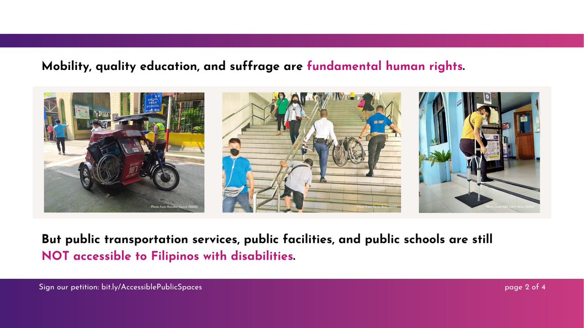 InclusionPH's tweet photo. Dear PH gov’t🇵🇭, improve accessibility of public transportation and public establishments! Uphold rights to mobility, education, and suffrage of Persons with Disability! 👩‍🦽

✍ Sign our petition: https://t.co/l8dhJnSrk6 

#DapatAllAccessible 
#LahatKasali 
#MobilidadParaSaLahat https://t.co/HzaQ0kshTy