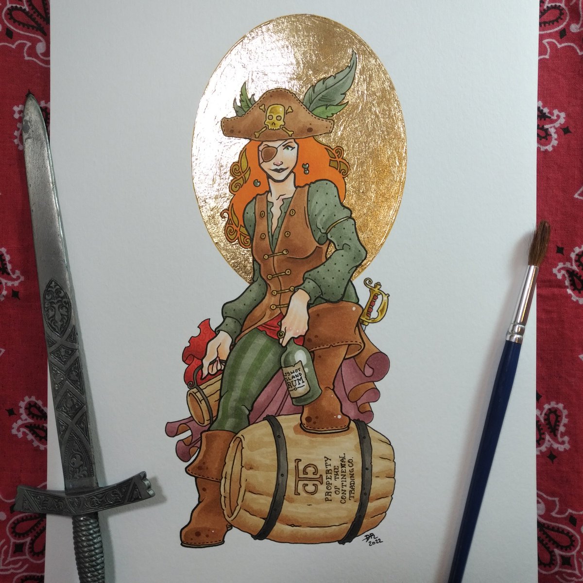 Bottle label inspired pirate lady, bit wonky but painted during a migraine attack so it could have been worse! 😀 #pirateart #pirate #pirates #piratecaptain #pirategirl #pirateslife #seaofthieves #seaofthievesgame #blacksails #blackflag #potc #piratesofthecaribbean #piratepinup