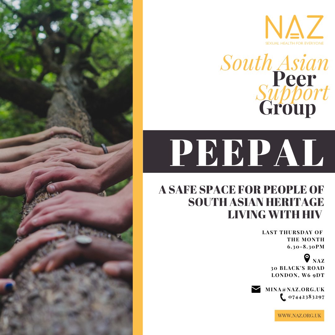 📣 NAZ is launching a peer support group for people of #SouthAsian heritage living with #HIV on 29 September. Make new friends in a supportive space!

⏰ 6.30-8.30pm 

📍NAZ
30 Black’s Road
Hammersmith
W6 9DT

✉️ Register via email: mina@naz.org.uk
📞 Enquiries: 07442383297