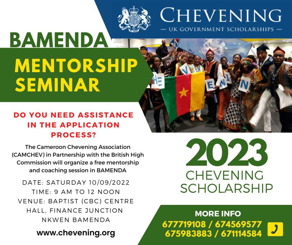 UKinCameroon's tweet photo. Join @Camchev237 in #Bamenda this weekend to help answer all your scholarship questions. 

Apply now for a fully funded UK #Chevening scholarship by the 1st of Nov 2022 on https://t.co/zyYYEK7lCD https://t.co/U5DQMuhmor