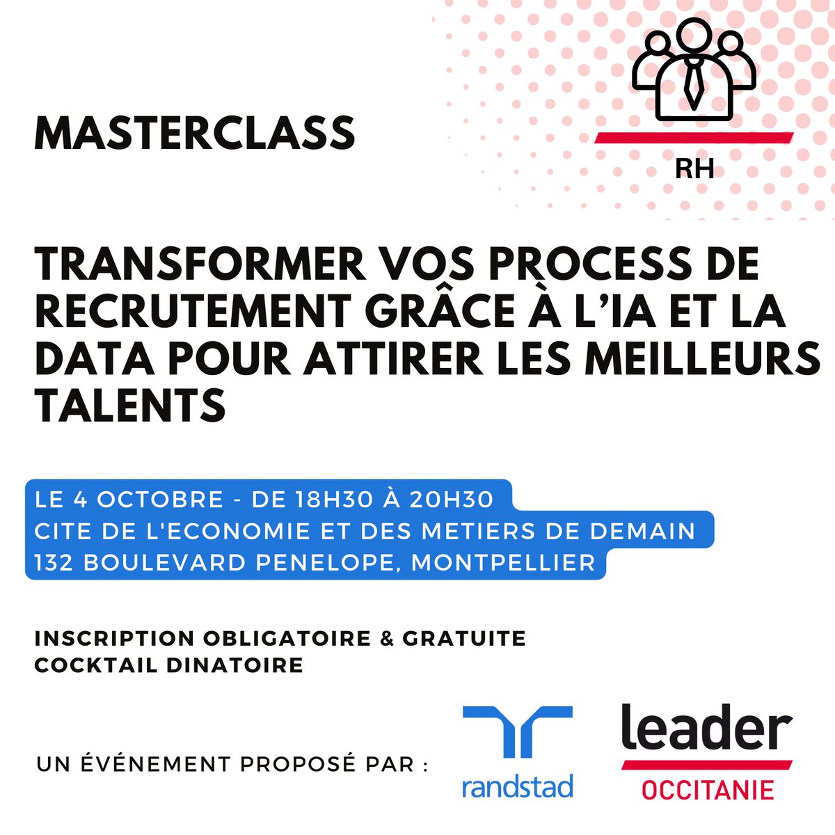 Masterclass : IA &amp; Data aux services du recrutement 
Pour vous inscrire c'est par ici : 
📲 leader-occitanie.fr/agenda/c/0/i/6… 
#IA #DATA #recrutement