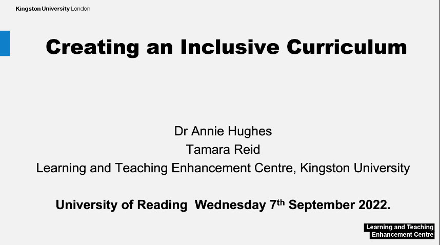 UniRdg_TEL's tweet photo. Dr Annie Hughes & Tamara Reid from Kingston University are kicking off this afternoon at our T&L Festival with their presentation 'Creating an Inclusive Curriculum' #UoRTeaching #InclusiveCurriculum #DesigningLearning https://t.co/tCBWibjOwC