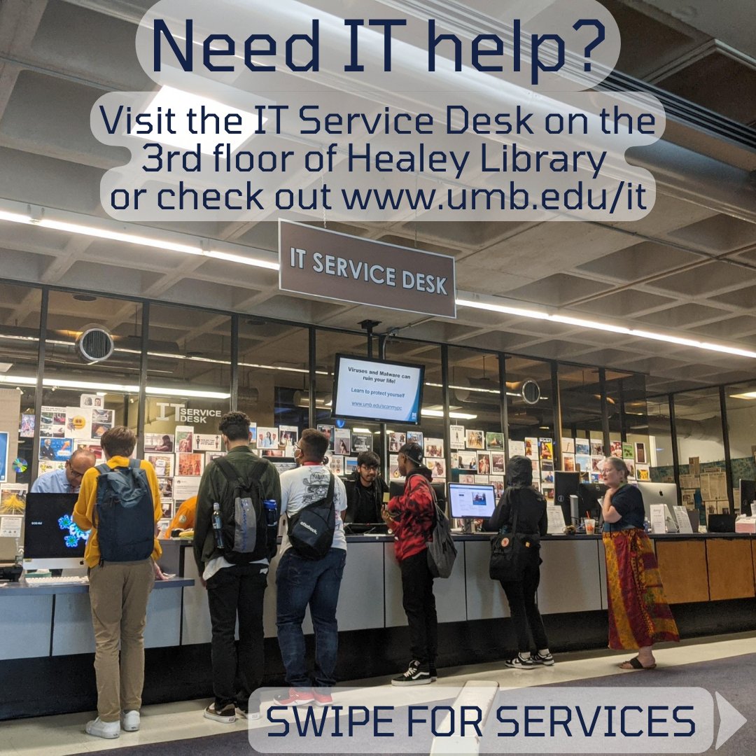 HealeyUMB's tweet photo. Need IT help? Visit the service desk on the 3rd floor of Healey Library or check out https://t.co/dqkjM77vuP .
#umassboston #healeylibrary #umbIT https://t.co/3DAglp0cyP