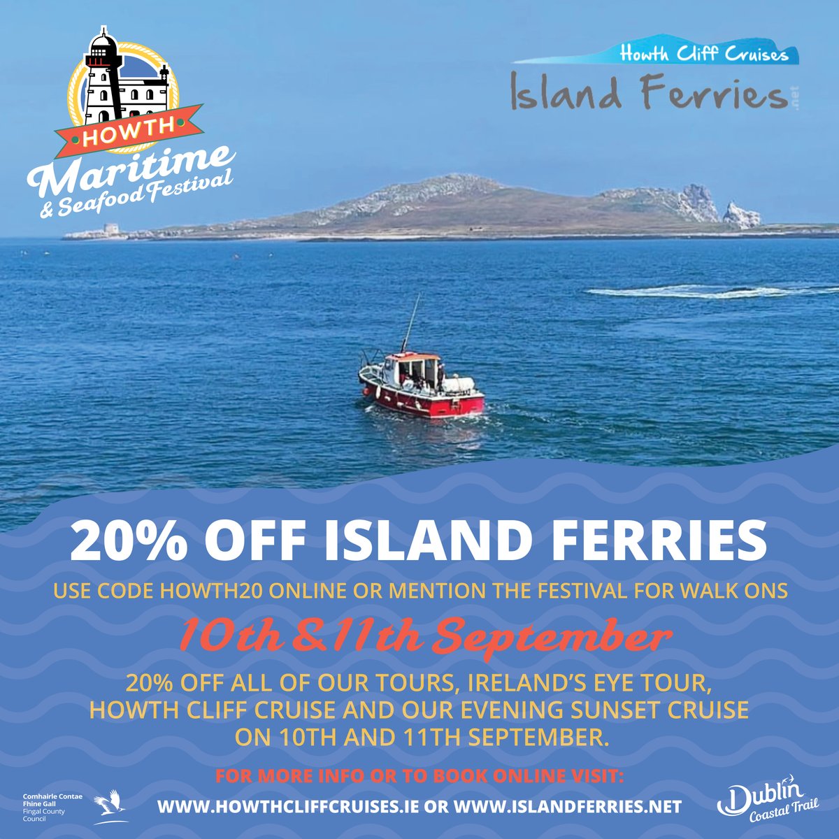 Fingalcoco's tweet image. Experience Howth like never before with 20% off Island Ferries on the 10th and 11th of September!!
For more info or to book visit: Howthcliffcruises.ie islandferries.net

@HowthMaritime @EVENTSinFingal