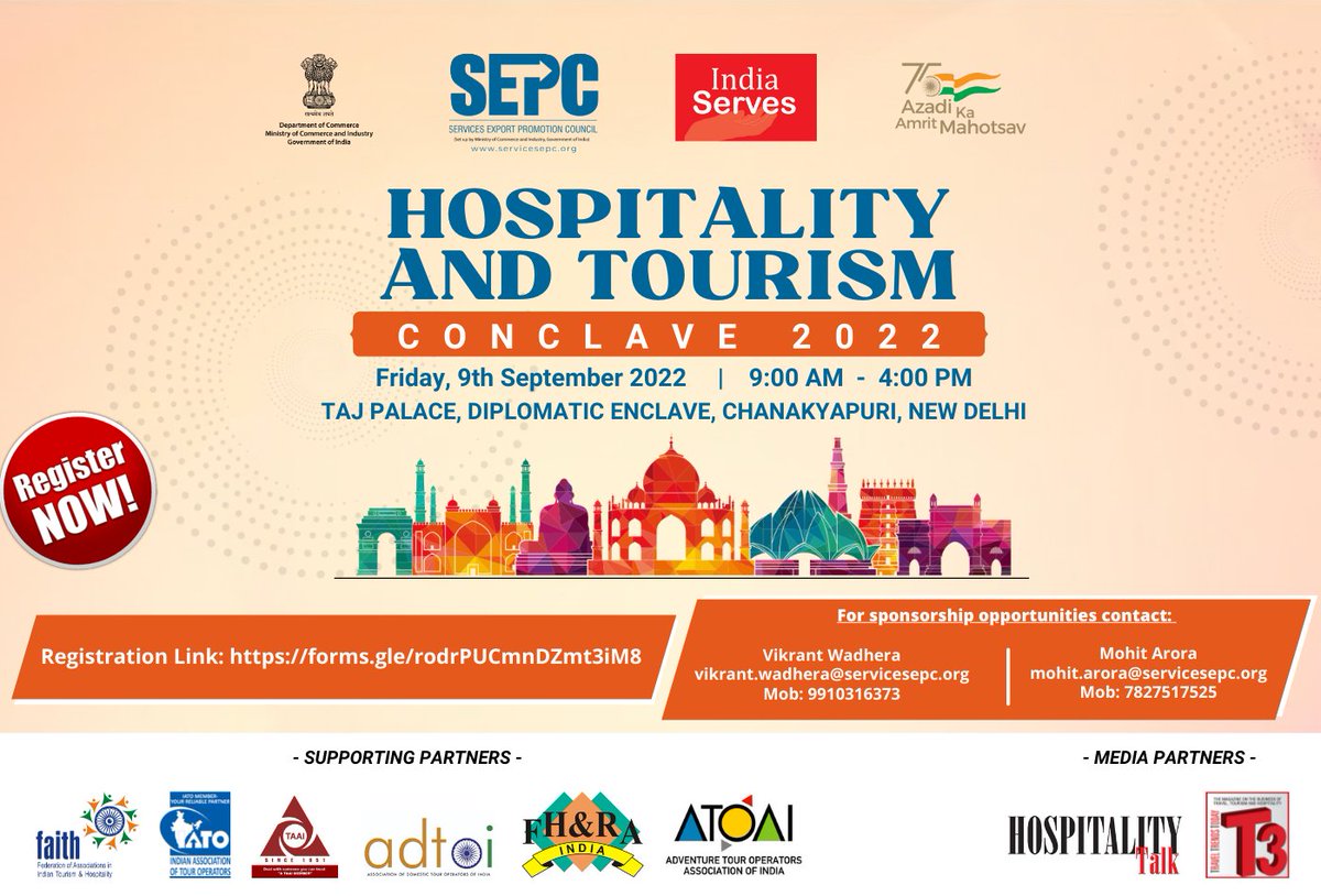 Sepc_India's tweet photo. Want detailed insight of Tourism Services Export?
@Sepc_India invites you all to the Hospitality and Tourism Services Conclave 2022 scheduled to be held on 9th September, 2022.
Please register now: https://t.co/cOGFX6rOsC
#HTC22
#SEPC #Tourism #Services #exports #IndiaServes https://t.co/jHXoaL5qPZ