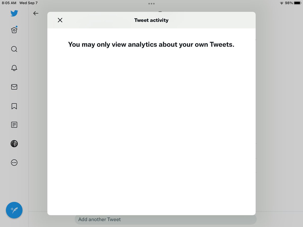 ShBown's tweet photo. @TwitterSupport This error message comes up when I try to see the analytics on my own tweets. Please help. https://t.co/Dll70n0seN