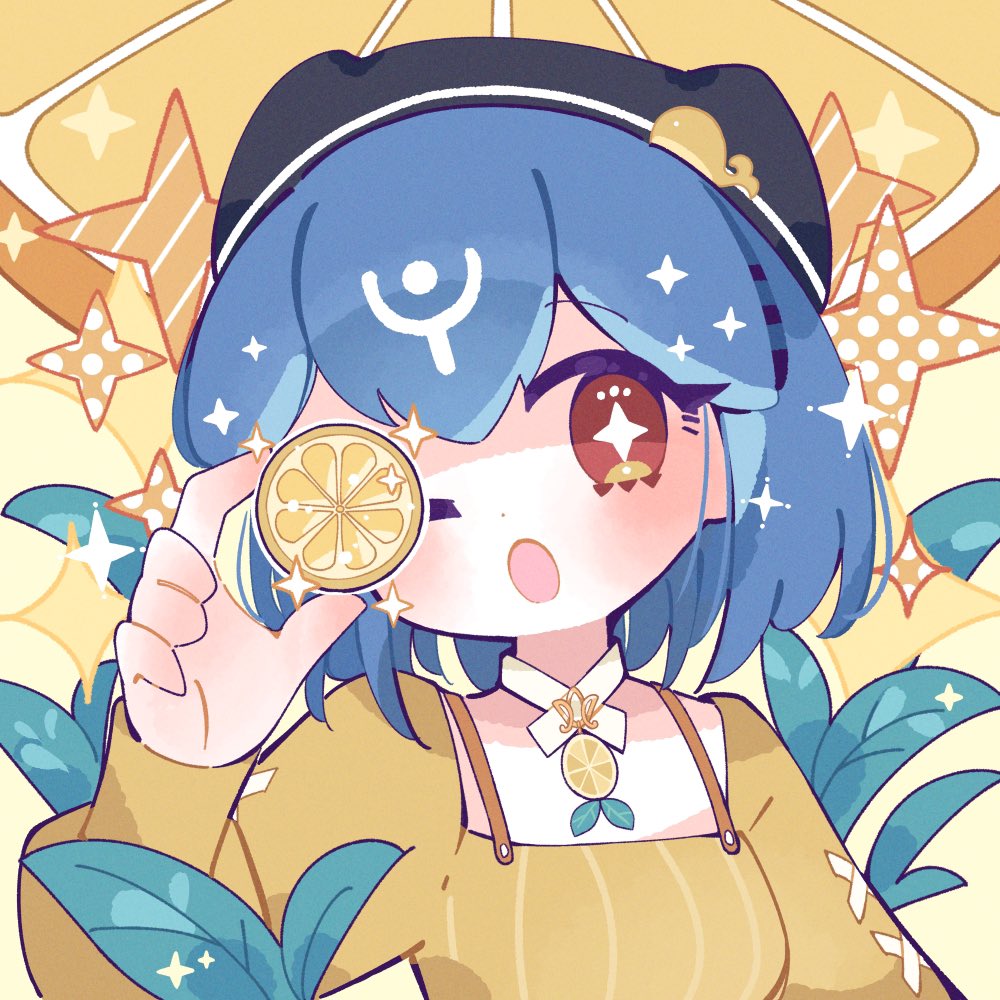 1girl solo food blue hair skirt fruit yellow footwear  illustration images