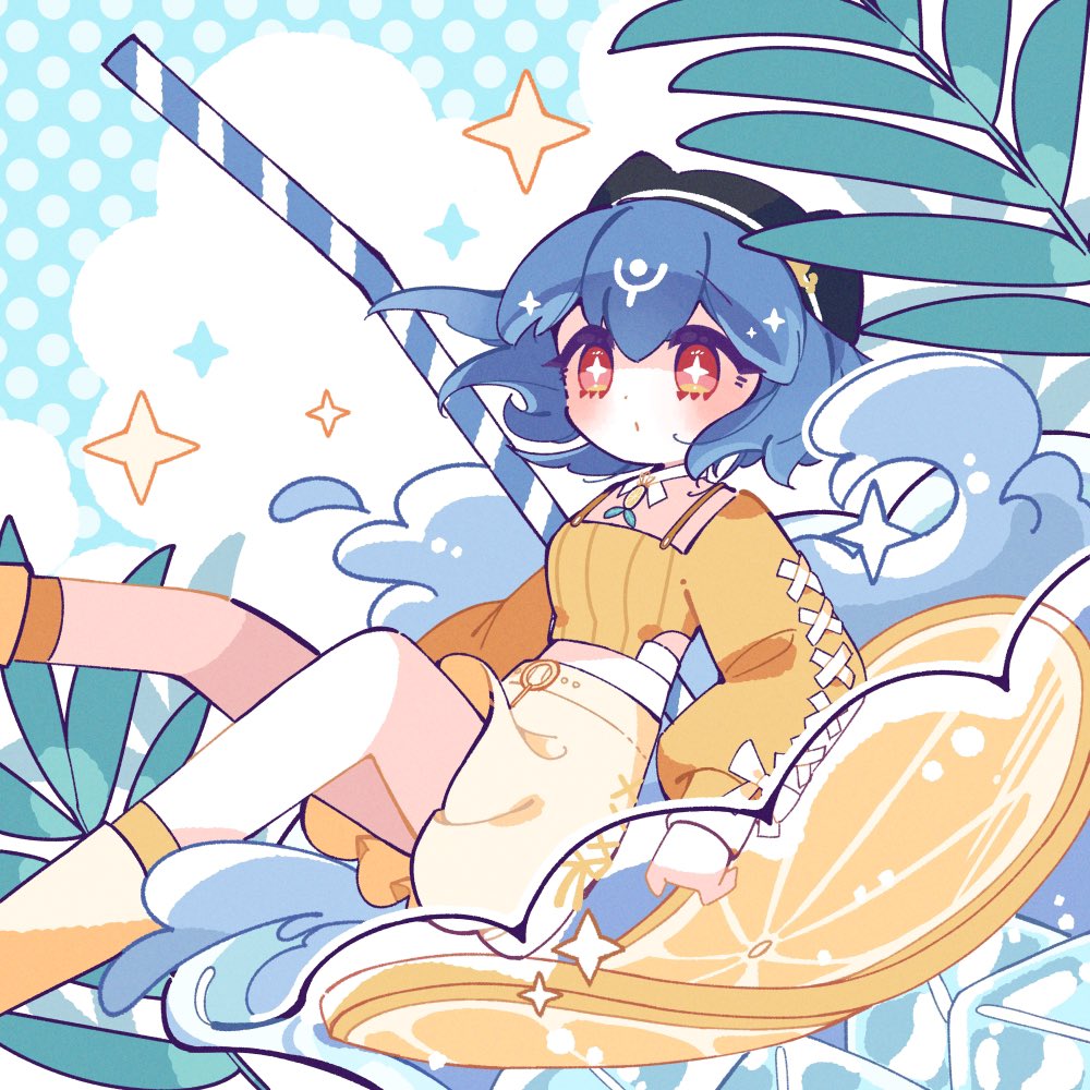 1girl solo food blue hair skirt fruit yellow footwear  illustration images
