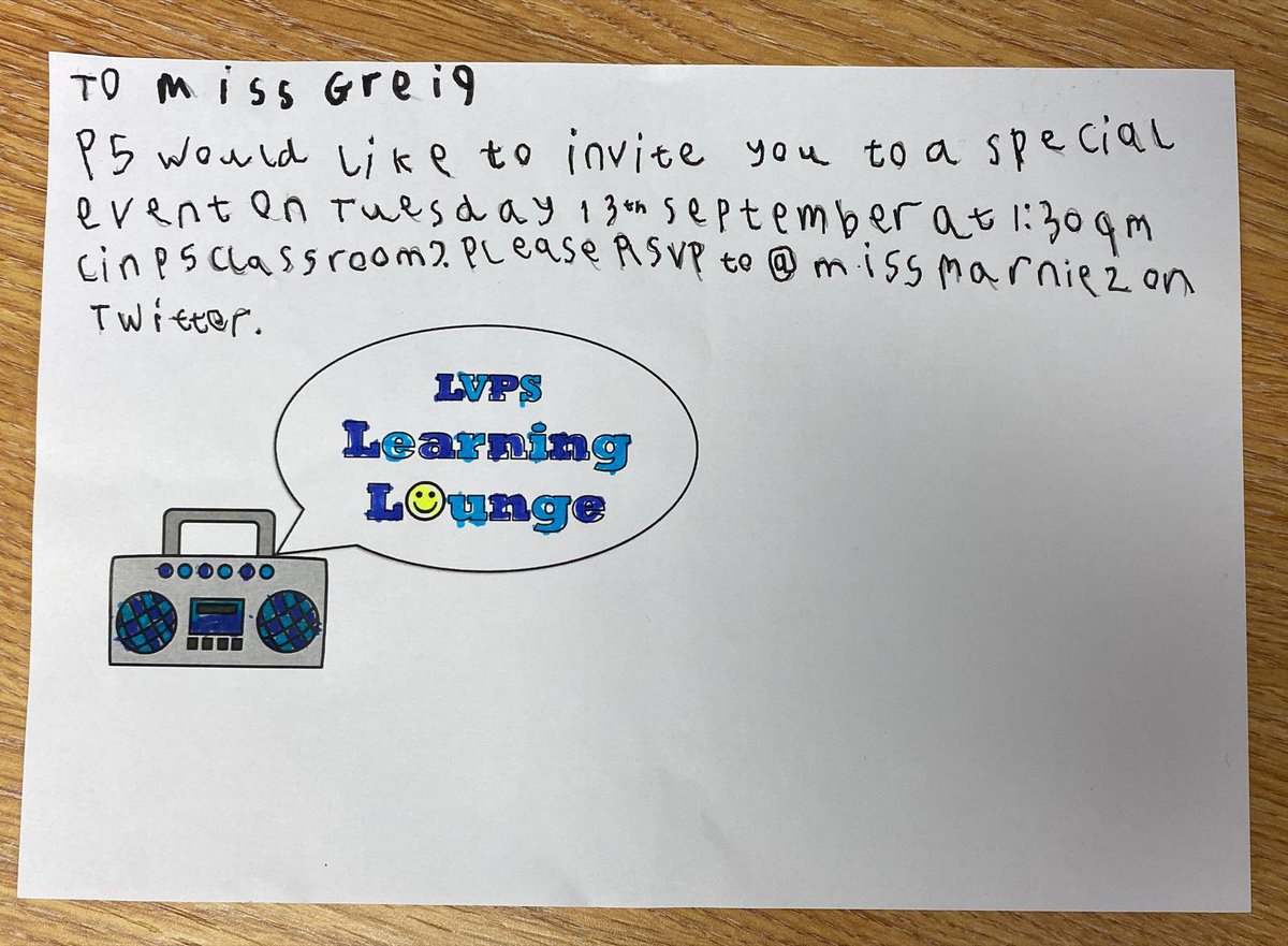 MissGreig10's tweet photo. @MissMarnie2 How exciting!!! Thank you for my beautifully written invitation, P5 🤩 I wouldn’t miss it for the world - see you there! #LearningLounge 📻 https://t.co/BIduCjjTjj