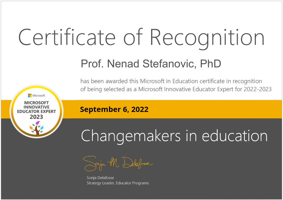 ProfStefanovic's tweet photo. Honored to be selected as an MIE Expert by the @MicrosoftEDU, for the sixth consecutive year. Always passionate and committed to empowering teaching and learning with technology.
#MIEFellow #MIEExpert #MIEMasterTrainer #microsofteducation #MicrosoftEDU #elearning https://t.co/WHyxYec8HP